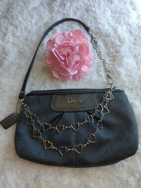 Coach Navy Shimmer Signature Large Wristlet Shoulder Bag Heart Chain Strap